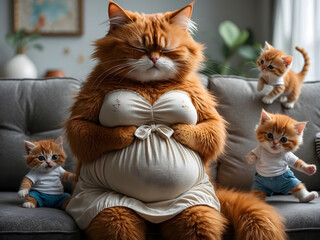 Pregnant cat relaxes on a couch with playful kittens in casual outfits during a sunny afternoon at home