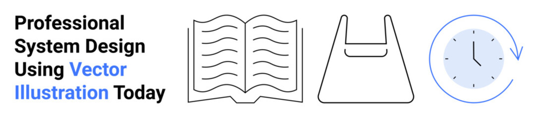 Open book, plastic shopping bag, and clock with arrow in minimal style. Ideal for learning, planning, time management, online shopping, design systems, education flat landing page banner