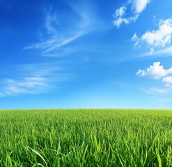 Fototapeta premium Lush green field, vibrant sky, summer, peaceful scene