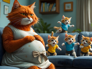 Pregnant cat watches playful kittens in cozy living room during a sunny afternoon