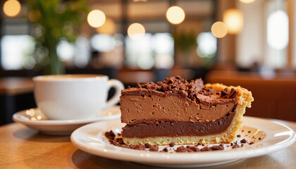 Delicious chocolate pie slice with espresso in cozy cafe, indulgent treat