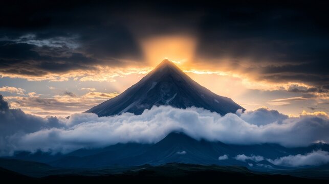  a majestic mountain, Mount Fuji, surrounded by clouds and illuminated by the setting sun The sky is a beautiful mix of oranges, pinks, and purples, creating a stun