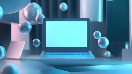 Floating Laptop Surrounded by Abstract 3D Elements for Futuristic Tech Branding and UI Showcase
