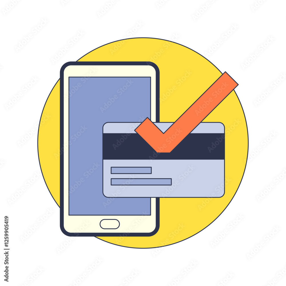 Poster a smartphone and credit card with a checkmark symbolize secure mobile payments.