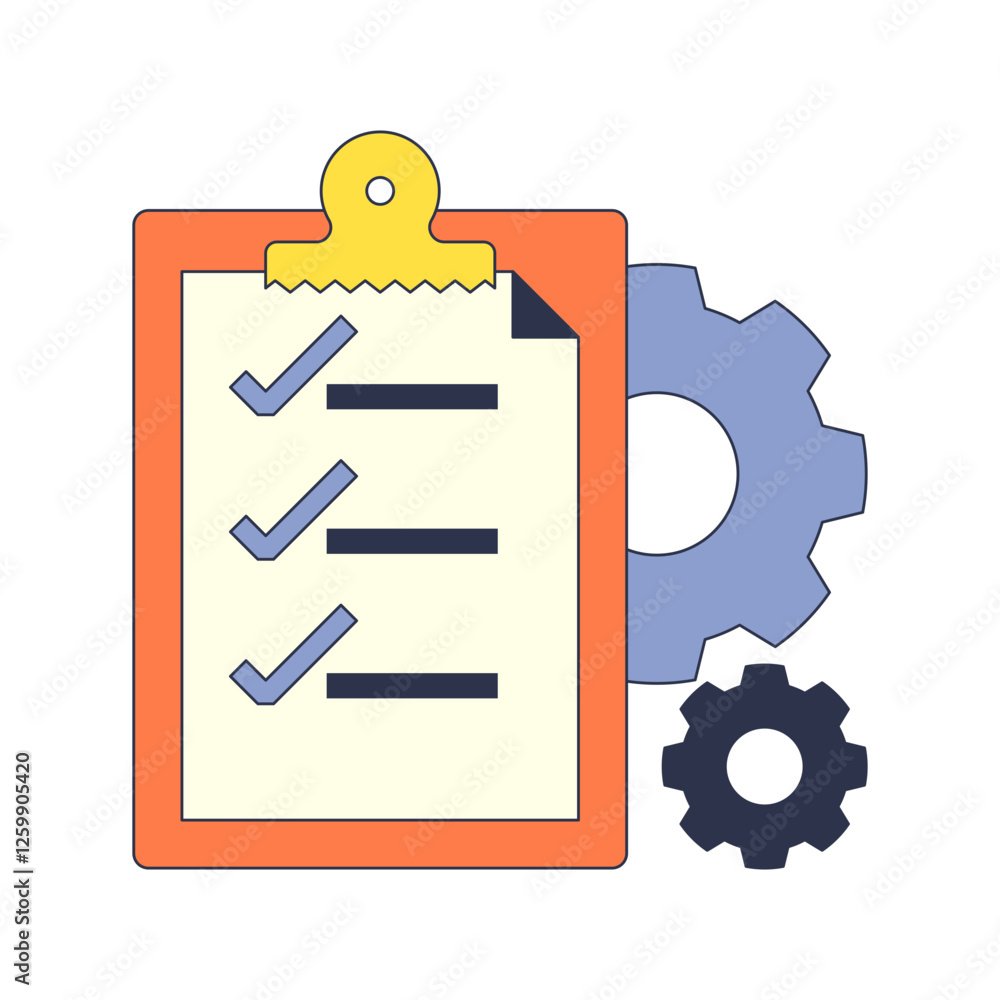 Poster a clipboard with a checklist and gears symbolizes organization and process optimization.