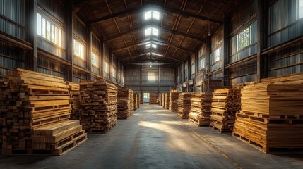 Bright timber warehouse interior showcasing freshly cut planks in neat arrangements