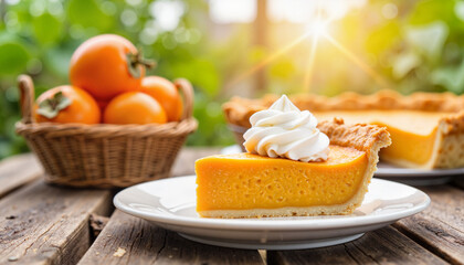 Colorful persimmon pie slice with cream cheese frosting, garden setting