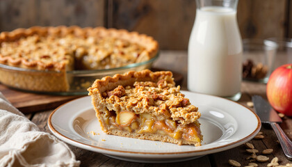 Oatmeal pie slice with spiced apple topping in farmhouse kitchen, comfort food