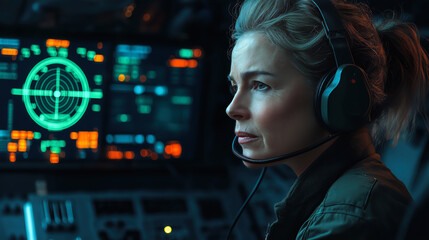 Focused female military radar operator wearing a headset, monitoring a high-tech control panel with glowing green radar signals in a dark operations room