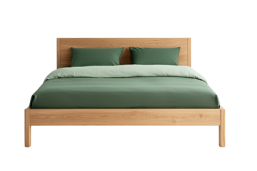 Stylish modern bed with green bedding, perfect for contemporary bedroom decor., transparent background.