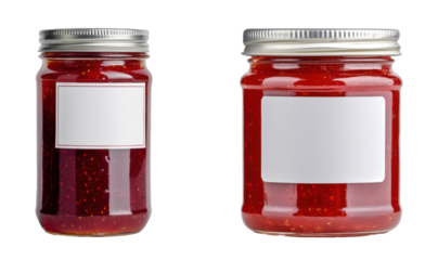 Two jars of vibrant red jam with blank labels, perfect for showcasing homemade products., transparent background.