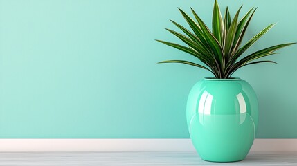  a green vase with a plant in it sitting on the floor in front of a wall The vase is a vibrant green color and the plant is a lush green, adding a splash of color t