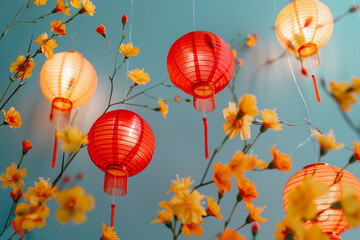 Beautiful holiday composition for happy celebrate chinese festival of lanterns, abstract vivid composition consists of fictional unreal fantastic vision on background