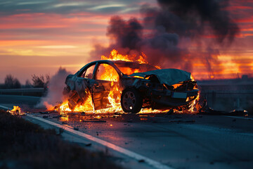 Collision of vehicles involved in major accident on city road with major damage, abstract vivid composition consists of fictional unreal fantastic vision on background