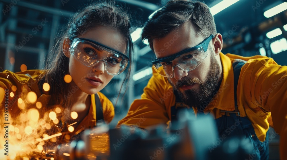 Poster two focused technicians collaborating on problem solving at industrial workbench with sparks