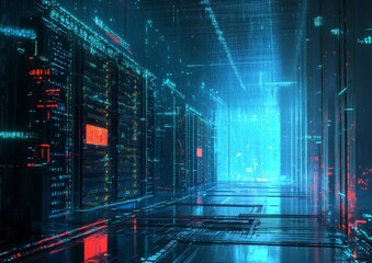 Futuristic server room corridor with glowing data streams
