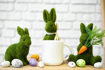 Celebrating spring with decorative bunnies, colorful eggs, and a cozy mug