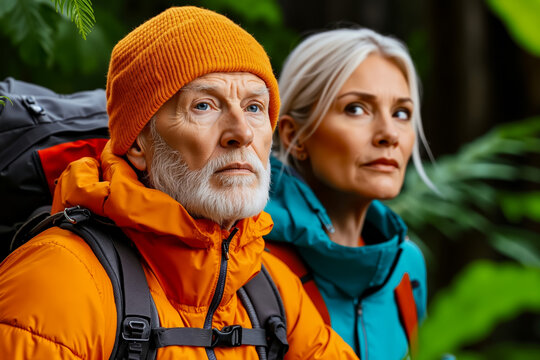 A man and a woman hiking in the woods