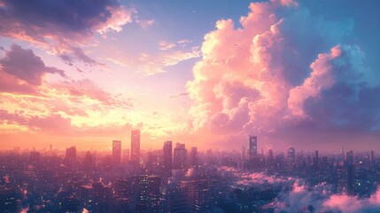 Obraz premium Cityscape Sunset: Dreamlike Pink Clouds Over Urban Skyline