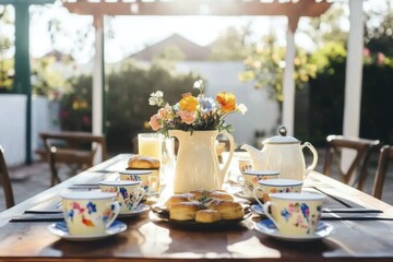 Elegant tea time with floral patterned cups and homemade pastries in a sunlit garden setting