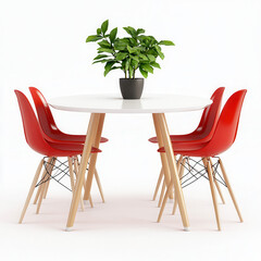 Modern Dining Set: A stylish and minimalist round dining table with a white top and light wood legs is surrounded by four vibrant red chairs, creating a chic and contemporary feel.