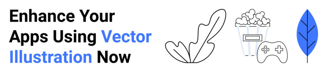 Minimalistic hand-drawn graphics of leaf, plant, popcorn, and game controller showcasing creativity and functionality. Ideal for app design, gaming, nature topics, entertainment, modern tech