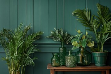Teal wall, lush plants, glass vases, wooden table