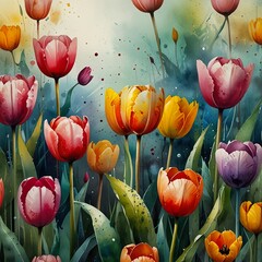 Watercolour painting of an abstract colourful tulips and grass. Tranquil gardenscape. Delicate background. Celebrating of spring. Floral template. Bright drawing poster. Modern field meadow wallpaper
