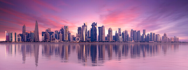 The Panoramic skyline of Doha, Qatar during sunrise