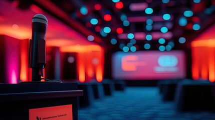 A corporate seminar podium with business branding on a banner, high-tech equipment in the background
