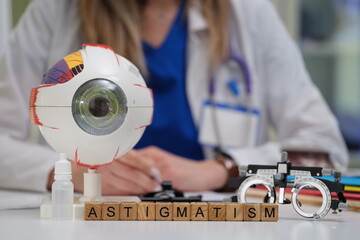 This eye model vividly illustrates astigmatism within a clinical setting, which is essential for...