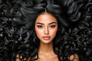 Fototapeta premium A woman with long black curly hair is posing for a picture