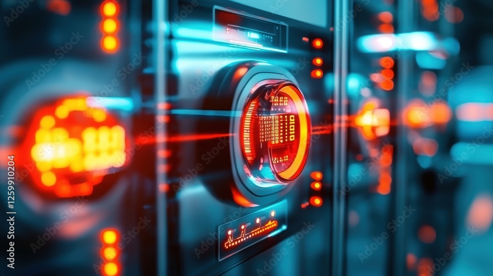 Poster illuminated electrical control panel with bright lights and buttons in an industrial setting