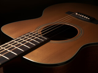 Obraz premium A detailed close-up of a classic acoustic guitar, capturing the rich wood texture, strings, and craftsmanship, illuminated with warm lighting to highlight its intricate features.