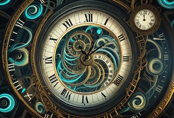 Obraz premium Exploring the Perception of Time Through Clocks and Spirals with Ethereal Glow