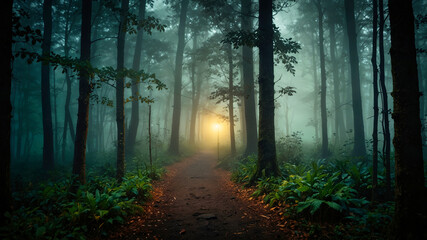 Obraz premium A moody, atmospheric image of a dimly lit forest path, with an old lantern illuminating the surrounding area