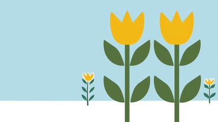 Fototapeta premium Springtime Floral Delight: A Minimalist Illustration of Yellow Tulips and Buds Against a Serene Sky