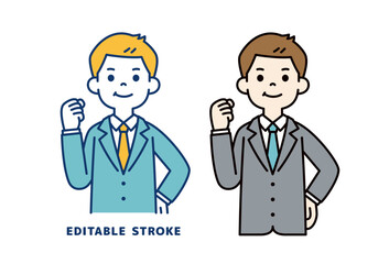 ガッツポーズをする、若いビジネスマンのベクターイラスト素材＿線幅の編集可能