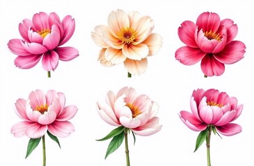 Fototapeta premium Watercolor drawings of peonies of different colors from different angles on a white background, each flower is isolated