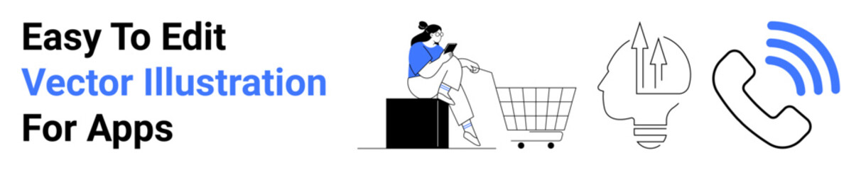 Woman browsing phone near a shopping cart, communication signals, and a digital brain. Ideal for e-commerce, tech innovation, apps, client service, AI, retail flat landing page banner