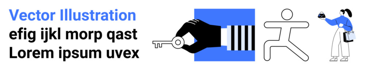 Close-up of a hand holding a key, running abstract figure, and woman taking a photo in flat style. Ideal for business, security, success, people, creativity, minimalism flat landing page banner