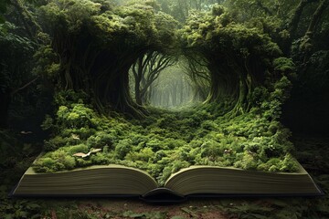 Book transformed into a forest landscape with intricate tree details and vibrant colors