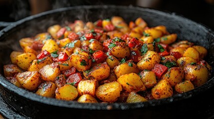 Spicy potato skillet, breakfast, kitchen, steam, food photography