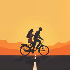 Fototapeta premium Couple riding a bicycle at sunset with mountains in the background creating a romantic atmosphere