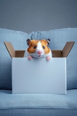 Obraz premium Curious Hamster Peeking from a Cardboard Box on a Sofa