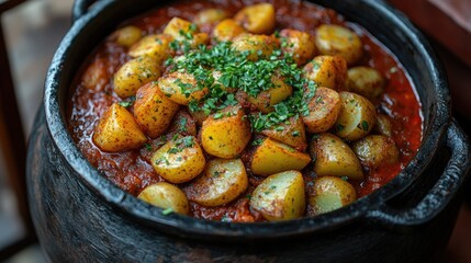 Spicy potato stew, earthen pot, restaurant, herbs, buffet