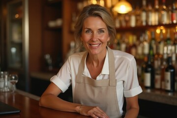 Close portrait of a 60 years old smiling american female bartender against blurred bar background