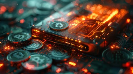 Fototapeta premium A futuristic digital wallet filled with coins and banknotes, financial technology theme