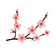 Minimalist cherry blossom branch with pink flowers on a white background. Simple flat design for prints, textiles, wallpapers, and digital projects. Elegant and delicate Japanese floral illustration.