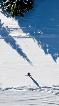Aerial drone view of a ski resort in Col dei Baldi, Alleghe, in the Dolomites, Italy in daylight. Vertical
